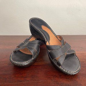 Born Black Leather Strappy Wedge Sandals